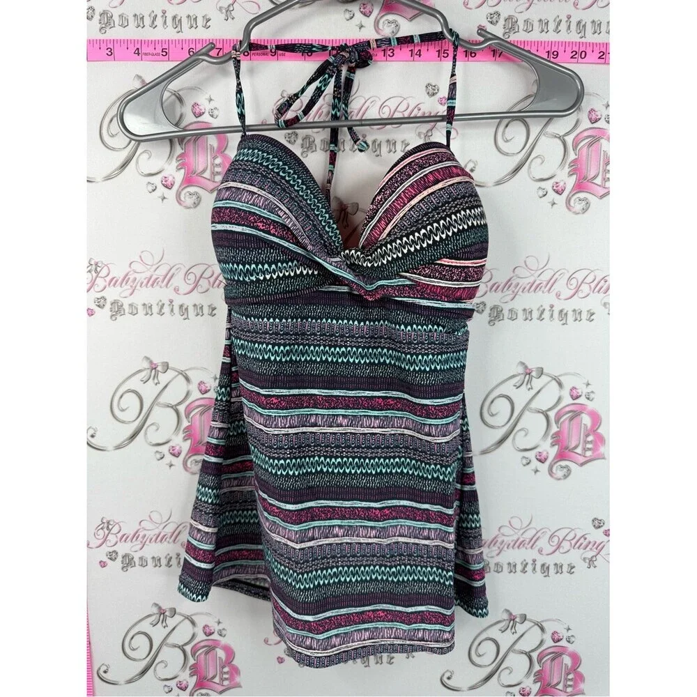 Ripzone tankini top swim pool Striped Halter Swim Top in Black, Teal & Pink